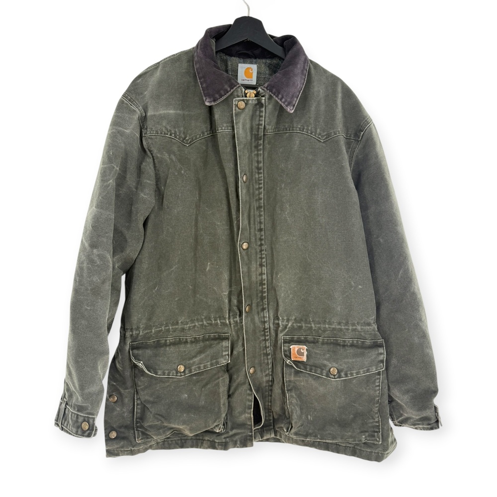 Carhartt Coat Mens Large Green Canvas Workwear Blanket Lined Jacket C52 MOS